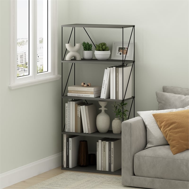 Furinno Rata 5-Tier Flat Base Shelf Display Rack Wide in French Oak Grey