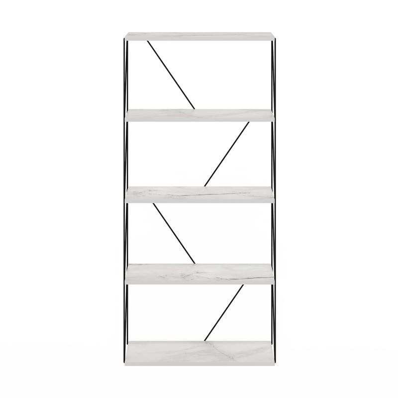 Furinno Rata 5-Tier Flat Base Shelf Display Rack Wide in Marble White