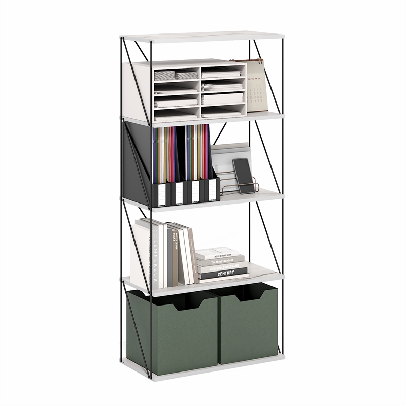 Furinno Rata 5-Tier Flat Base Shelf Display Rack Wide in Marble White