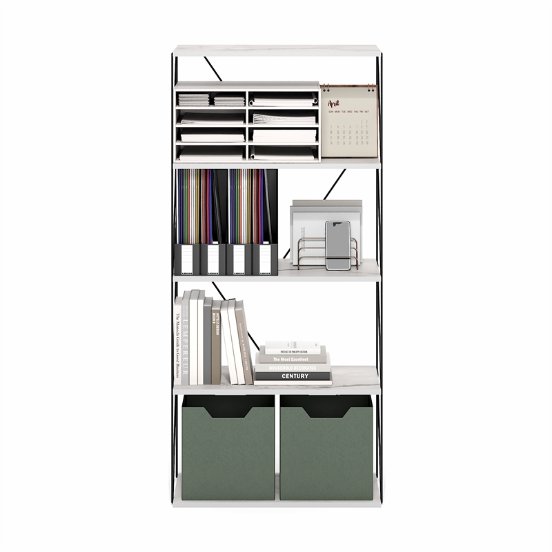 Furinno Rata 5-Tier Flat Base Shelf Display Rack Wide in Marble White