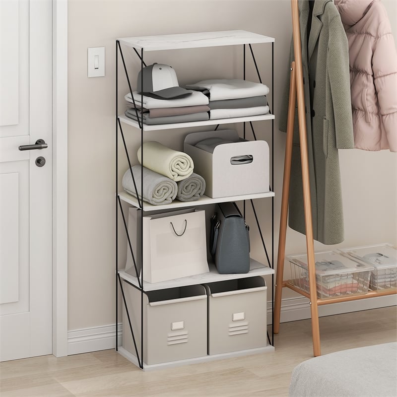 Furinno Rata 5-Tier Flat Base Shelf Display Rack Wide in Marble White