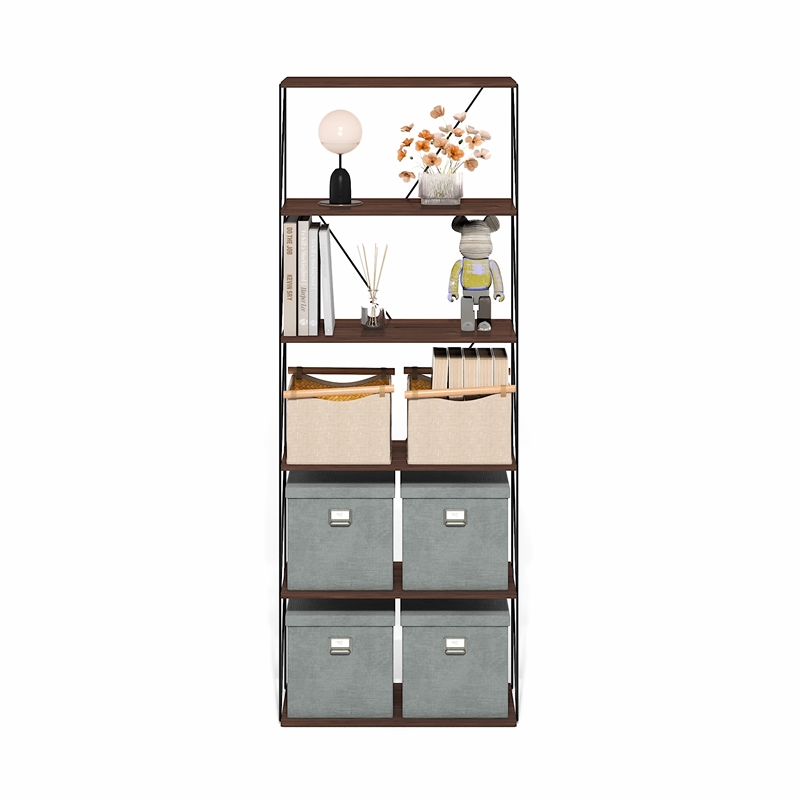 Furinno Rata 6-Tier Flat Base Shelf Display Rack Wide in Columbia Walnut