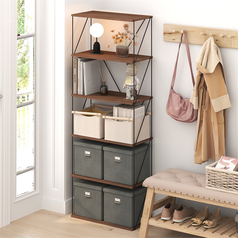 Furinno Rata 6-Tier Flat Base Shelf Display Rack Wide in Columbia Walnut