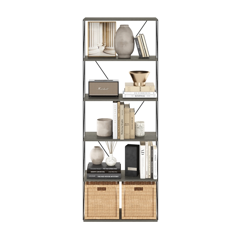 Furinno Rata 6-Tier Flat Base Shelf Display Rack Wide in French Oak Grey