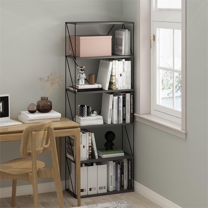 Furinno Rata 6-Tier Flat Base Shelf Display Rack Wide in French Oak Grey