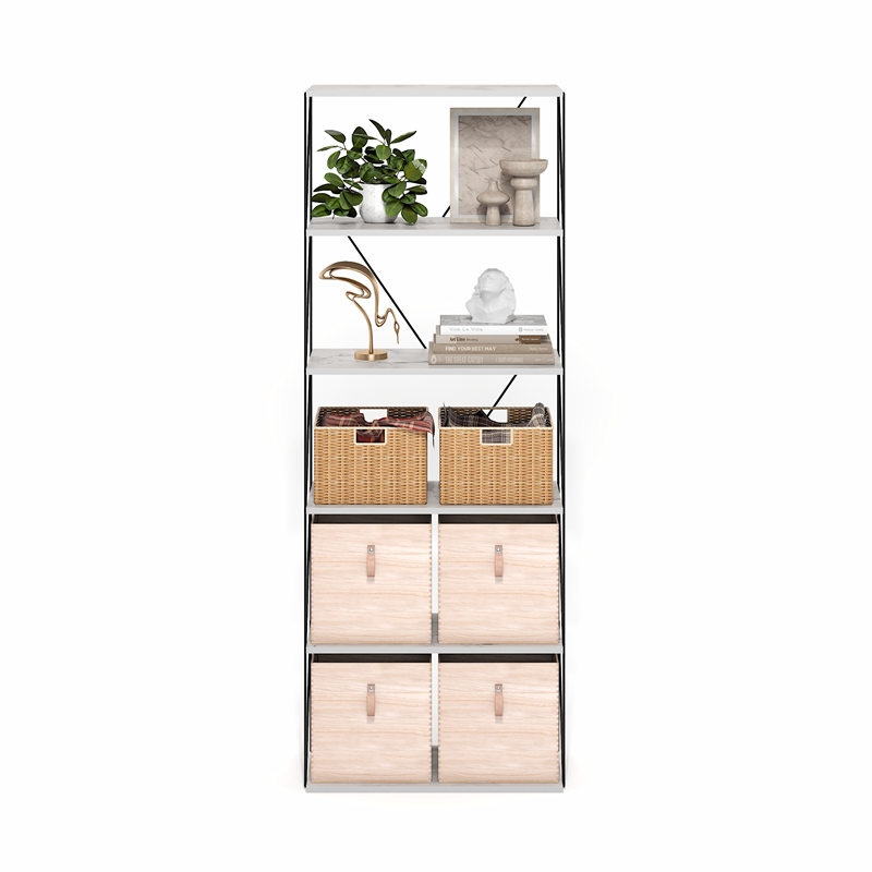 Furinno Rata 6-Tier Flat Base Shelf Display Rack Wide in Marble White