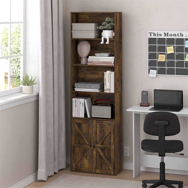 Furinno JENSEN Farmhouse 6-Shelf Display Bookcase with Doors in Amber Pine