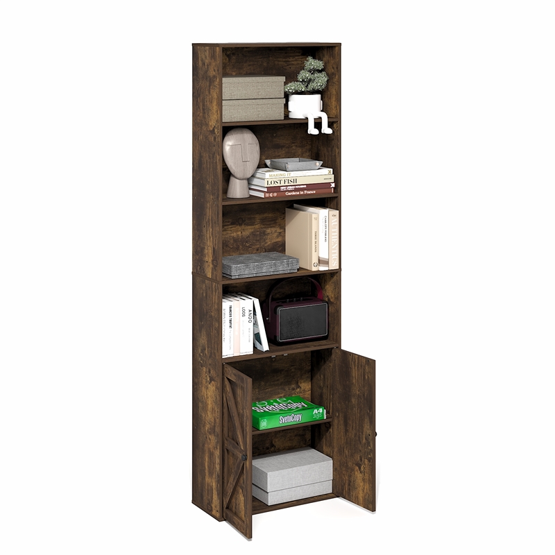 Furinno JENSEN Farmhouse 6-Shelf Display Bookcase with Doors in Amber Pine