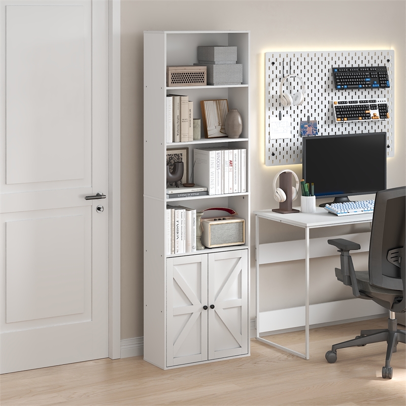Furinno JENSEN Farmhouse 6-Shelf Display Bookcase with Doors in White