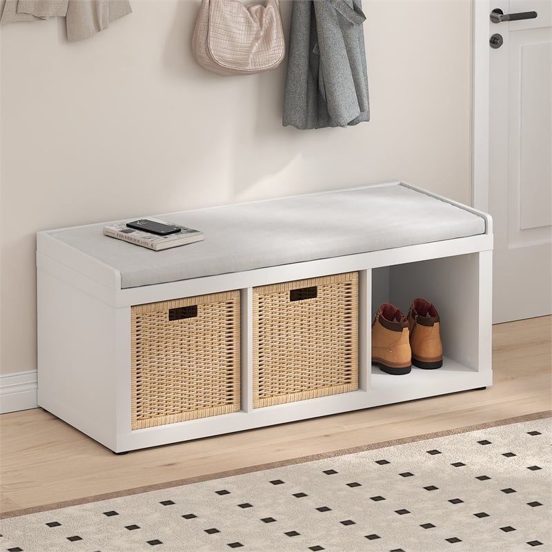 Furinno CUBICLE 3-Cube Storage Bench with Comfy Cushion in White