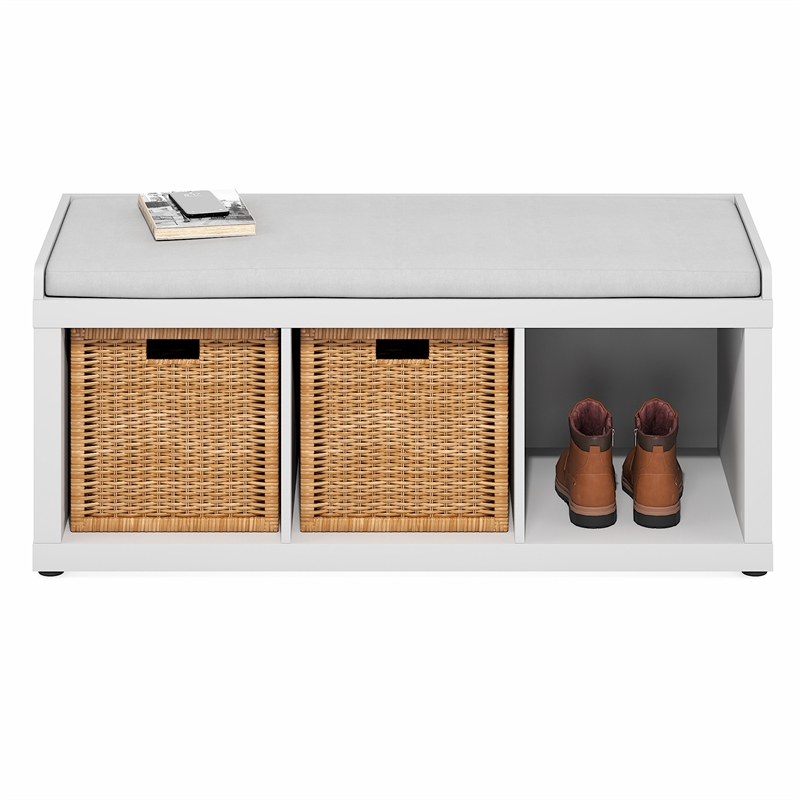 Furinno Cubicle 3-Cube Storage Bench with Comfy Cushion in White