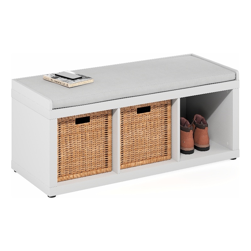 Furinno CUBICLE 3-Cube Storage Bench with Comfy Cushion in White