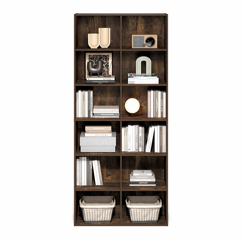 Furinno BASIC 12-Cube Open Bookcase Storage Organizer 12 x 32 x 71 in Amber Pine