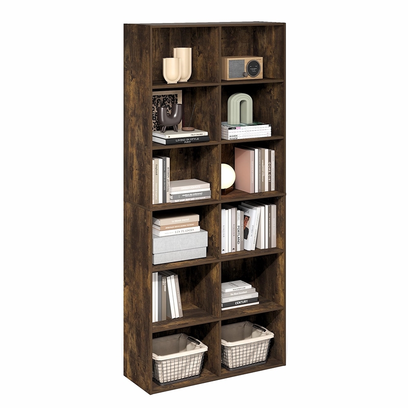 Furinno BASIC 12-Cube Open Bookcase Storage Organizer 12 x 32 x 71 in Amber Pine