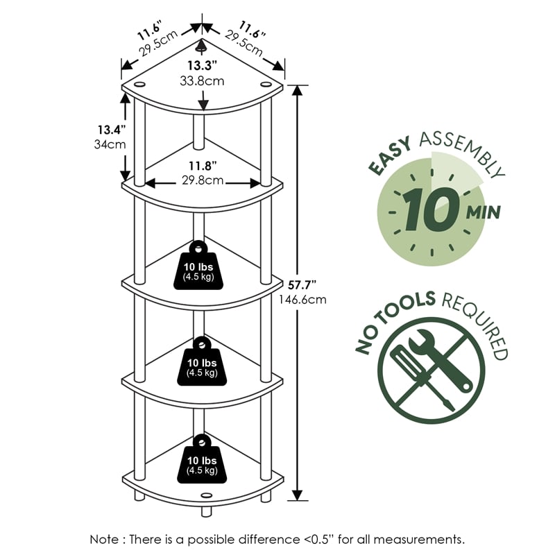 Furinno TURN-N-TUBE 5 Tier Corner Bookshelf in Black Espresso
