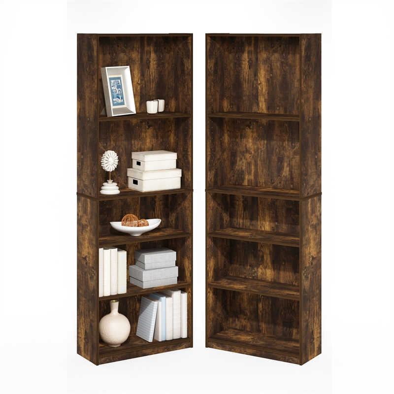 Furinno JAYA Set of 2 5-Tier Bookshelf with AdJUSTable Shelf in Amber Pine