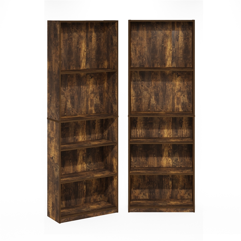 Furinno JAYA Set of 2 5-Tier Bookshelf with AdJUSTable Shelf in Amber Pine