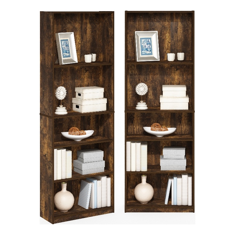 Furinno JAYA Set of 2 5-Tier Bookshelf with AdJUSTable Shelf in Amber Pine