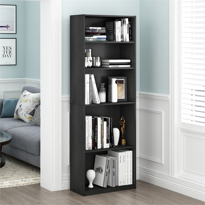 Furinno JAYA Set of 2 5-Tier Bookshelf with AdJUSTable Shelf in Black