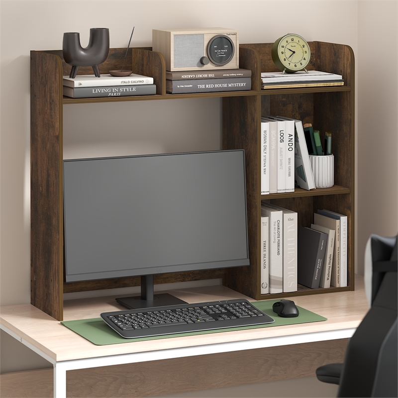 Furinno CLASSIC 5 Shelves Desk Shelf with Monitor Space in Amber Pine