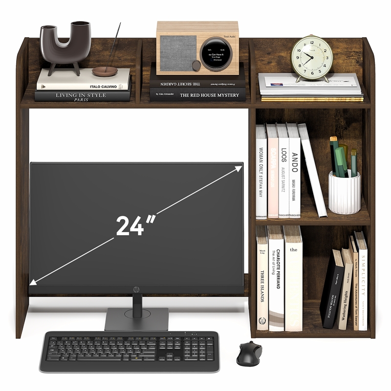 Furinno CLASSIC 5 Shelves Desk Shelf with Monitor Space in Amber Pine