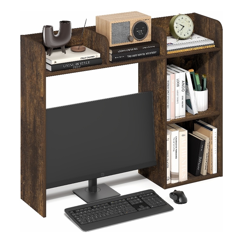 Furinno CLASSIC 5 Shelves Desk Shelf with Monitor Space in Amber Pine