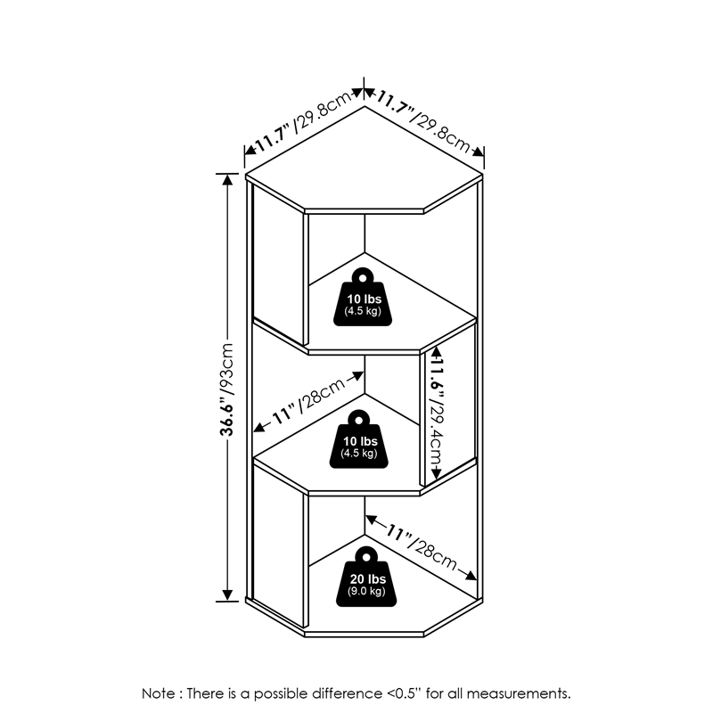 Furinno ECON Corner Bookshelf in 3 Tier Corner Shelf in Bookcase in Plain White