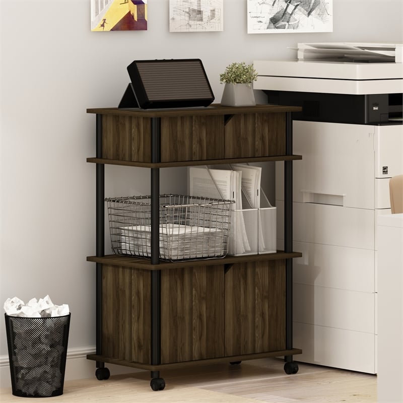 Furinno TURN-N-TUBE Mobile Printer Stand with Cabinet Wheels in Brown Walnut