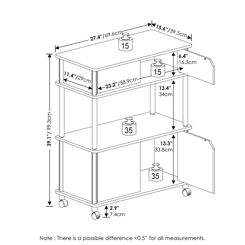 Furinno TURN-N-TUBE Mobile Printer Stand with Cabinet Wheels in Brown Walnut