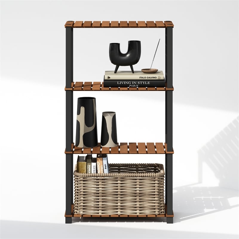 Furinno TURN-N-TUBE 4-Tier Storage Corner Shelf with Wood Slats in Light Wood