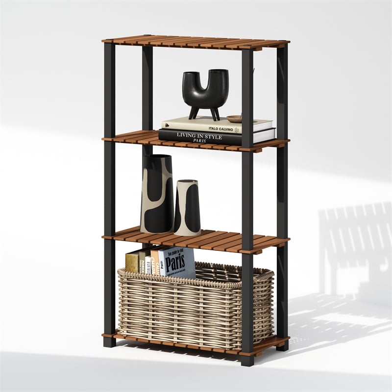 Furinno TURN-N-TUBE 4-Tier Storage Corner Shelf with Wood Slats in Light Wood