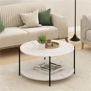 Furinno BESI 2-Tier Round Coffee Table with Metal Legs Light Marble