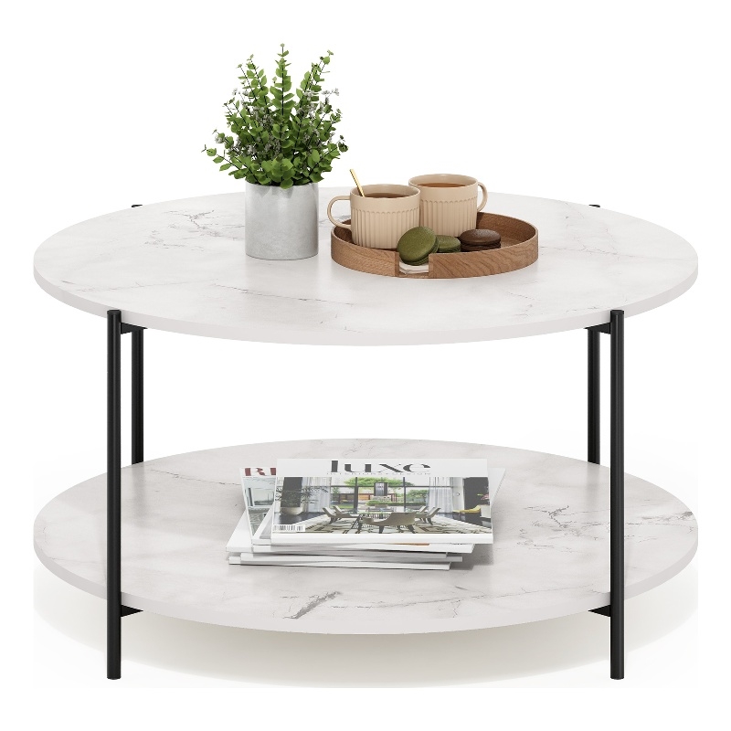 Furinno BESI 2-Tier Round Coffee Table with Metal Legs Light Marble