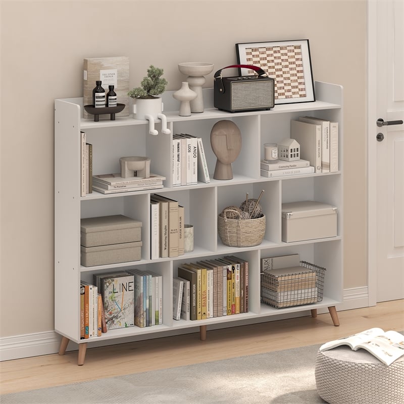 Furinno CLAUDE 10-Cube Mid Century Style Bookshelf with Wood Legs in White