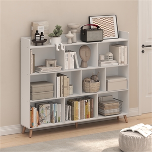 Furinno CLAUDE 10-Cube Mid Century Style Bookshelf with Wood Legs in White