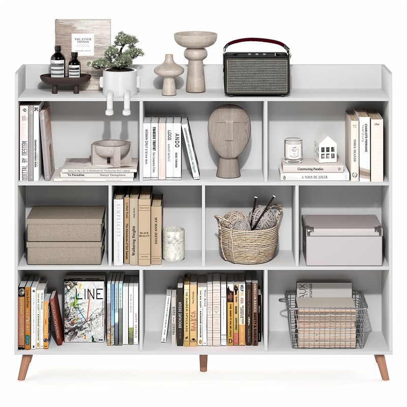 Furinno CLAUDE 10-Cube Mid Century Style Bookshelf with Wood Legs in White