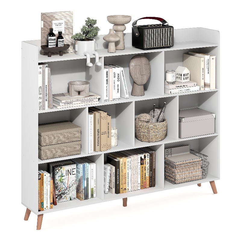 Furinno CLAUDE 10-Cube Mid Century Style Bookshelf with Wood Legs in White