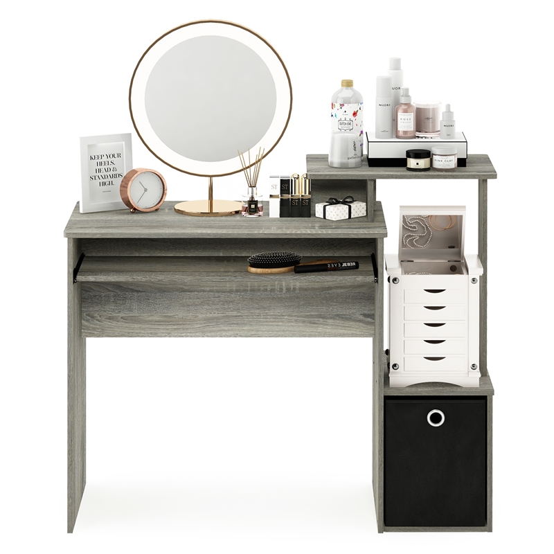 Furinno ECON Gaming Desk with Keyboard Tray and Storage Bin in Grey Oak