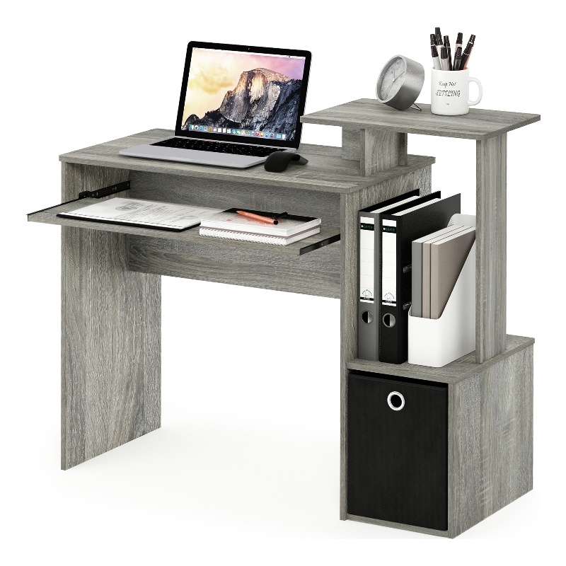 Furinno ECON Gaming Desk with Keyboard Tray and Storage Bin in Grey Oak