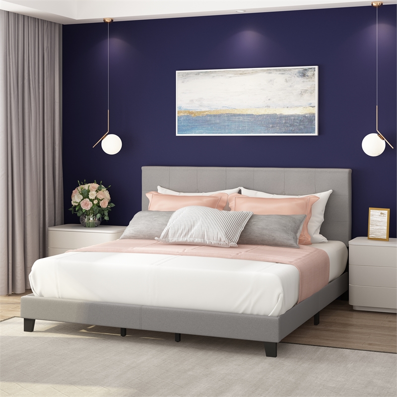 Furinno LAVAL California King Button Tufted Bed Frame 12pc Slats Light Grey