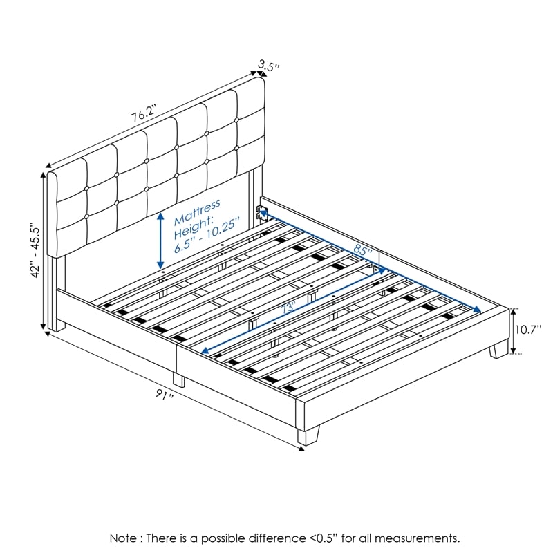 Furinno LAVAL California King Button Tufted Bed Frame 12pc Slats Light Grey