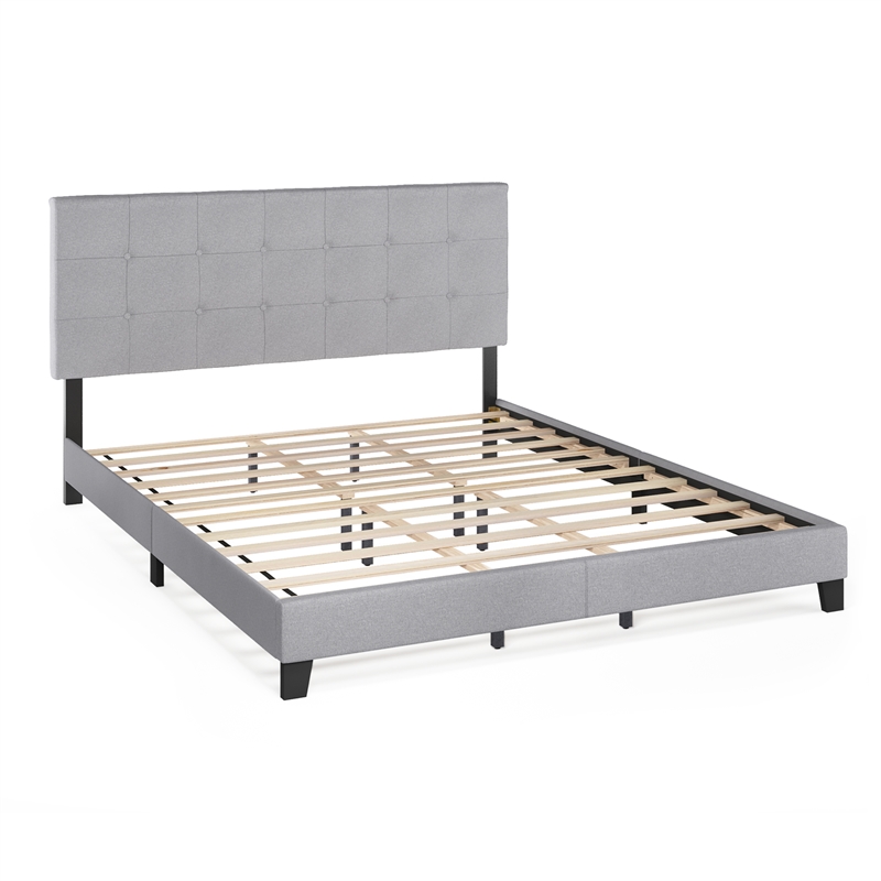 Furinno LAVAL California King Button Tufted Bed Frame 12pc Slats Light Grey