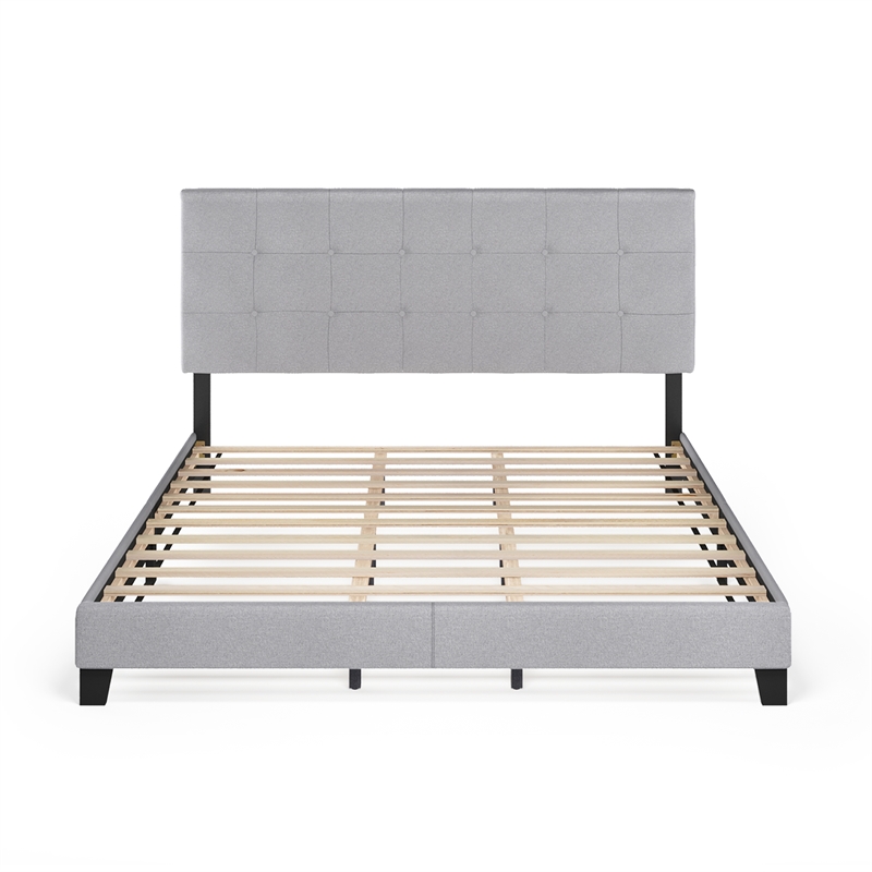 Furinno LAVAL California King Button Tufted Bed Frame 12pc Slats Light Grey