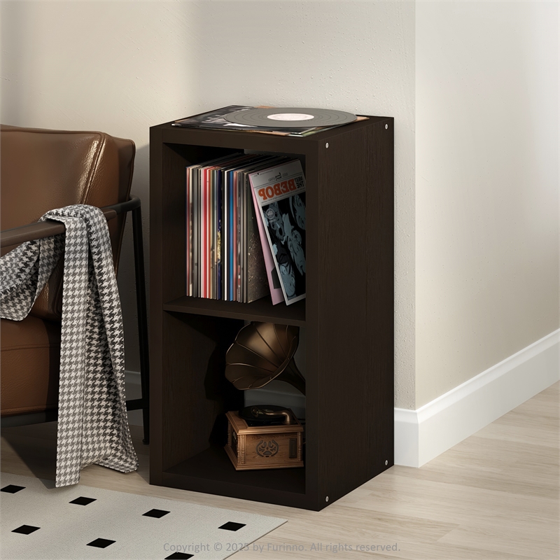 Furinno CUBICLE Vintage Vinyl Record Media Storage Organizer 2-Cube Dark Oak