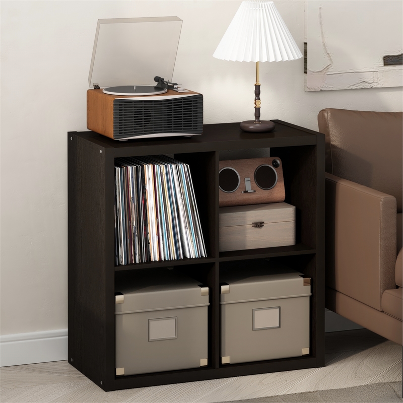 Furinno CUBICLE Vintage Vinyl Record Media Storage Organizer 4-Cube Dark Oak