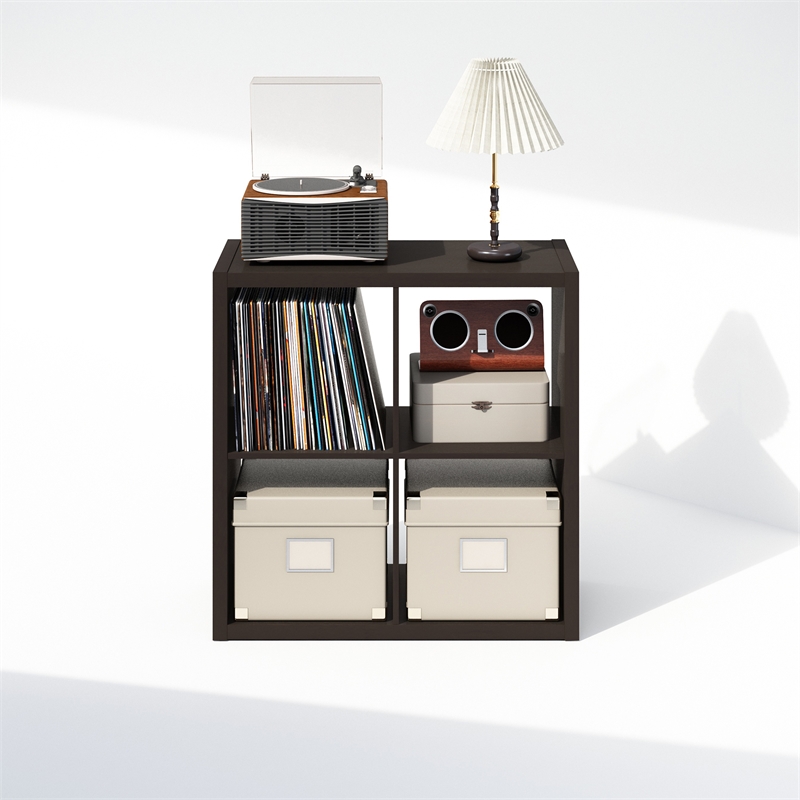 Furinno CUBICLE Vintage Vinyl Record Media Storage Organizer 4-Cube Dark Oak