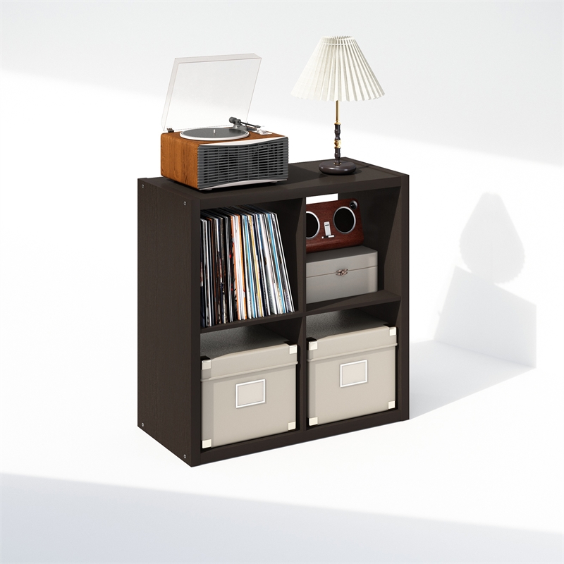 Furinno CUBICLE Vintage Vinyl Record Media Storage Organizer 4-Cube Dark Oak