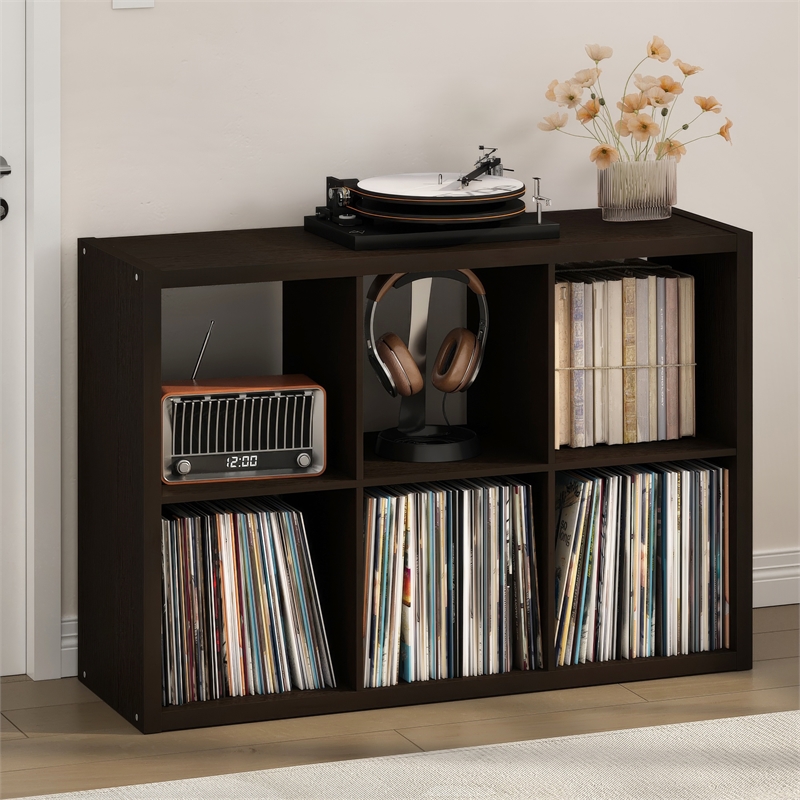 Furinno CUBICLE Vintage Vinyl Record Media Storage Organizer 6-Cube Dark Oak