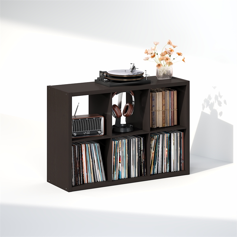 Furinno CUBICLE Vintage Vinyl Record Media Storage Organizer 6-Cube Dark Oak