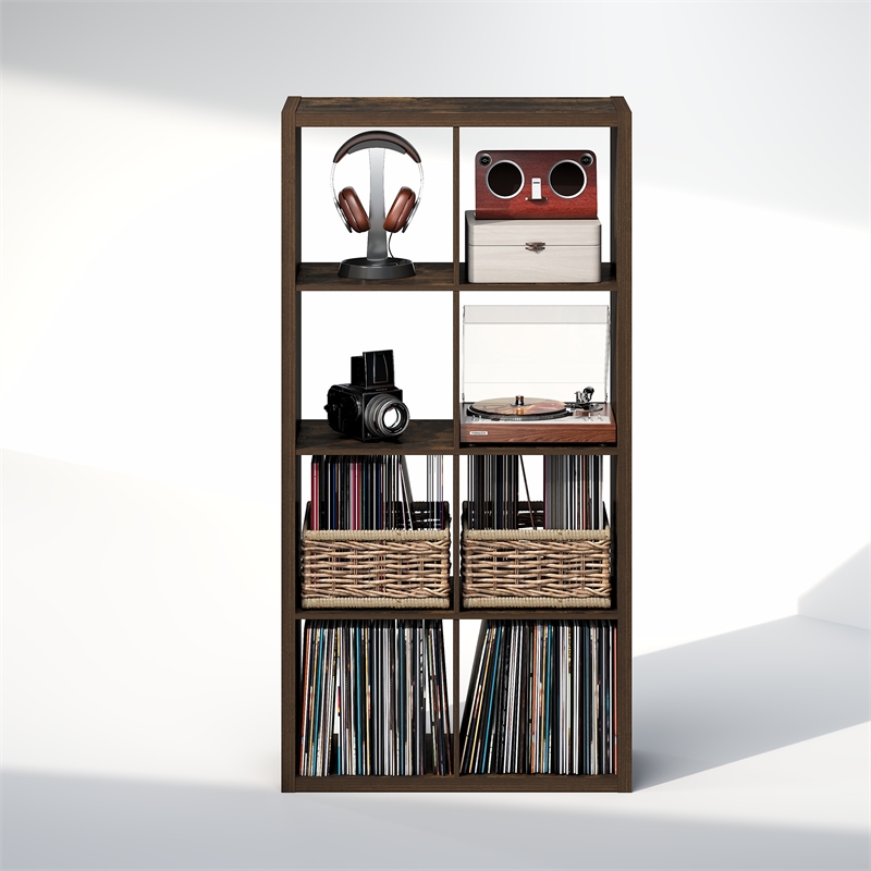Furinno CUBICLE Vintage Vinyl Record Media Storage Organizer 8-Cube Amber Pine